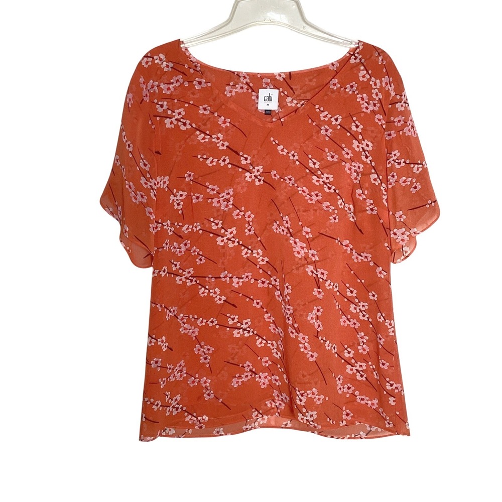 Cabi Cherry Blossom Blouse Women Medium Orange Floral Boho Spring Chiffon Top